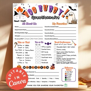 Office Boo Basket Questionnaire Halloween Coworker Exchange Gift Ideas Spooky Boo Buddy Questionnaire Editable Halloween Favorite Thing List