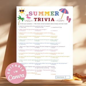 Summer Trivia Game Sheet, Fun Printable Summer Activities for Family & Friends, Summer Trivia Quiz Party Game for All Ages Summer Office DIY