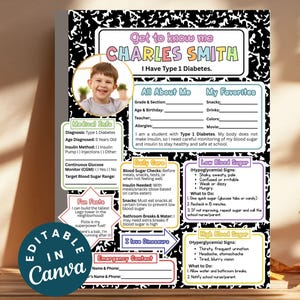 May include: A printable information sheet titled "Get to Know Me" for Charles Smith, who has Type 1 Diabetes. The sheet includes a photo, medical information, daily care instructions, and details on low and high blood sugar symptoms.