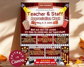 Hollywood Theme Teacher Appreciation Week Flyer Hollywood Editable Itinerary Template Staff Event Schedule Printable Movie Superstar Teacher