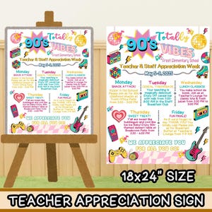 Cartello a tema retrò anni '90, poster con programma della settimana di apprezzamento degli insegnanti, poster modificabile a tema anni '80 e '90 per il personale scolastico, stampabile in stile old school.