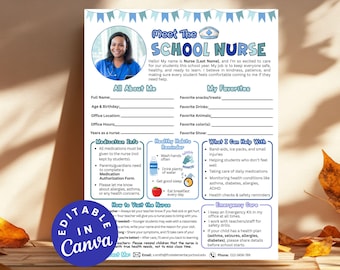 Treffen Sie den Schulpfleger Flyer, bearbeitbare Back to School Nurse Newsletter Vorlage, druckbare Krankenschwester Willkommensbrief, Über mich Flyer für Studenten