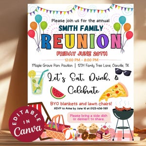 May include: A colorful invitation for a Smith Family Reunion on Friday, June 20th. The invitation includes the time, location, and a message to bring a side dish or dessert to share. The invitation also includes a variety of images, including a watermelon, a glass of lemonade, a pizza, and a grill.