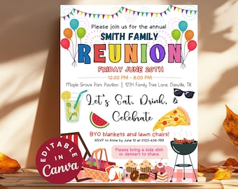 Modello modificabile per volantino per riunione di famiglia al picnic, modello Canva, invito personalizzato per barbecue per riunioni di famiglia, invito per eventi divertenti in famiglia, volantino stampabile fai da te