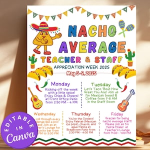 Nacho Average Teacher Appreciation Week Afdrukbaar reisplan, bewerkbaar Mexicaans Fiesta-schema voor personeelsevenementen Tacobout Appreciation