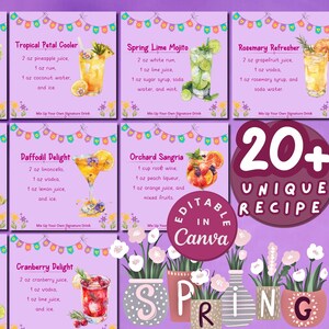 Spring Cocktail Recipe Card Wedding Drink Sign Spring Cocktail WallArt Bar Table Sign Signature cocktail Menu Canva Bachelorette Drink Party