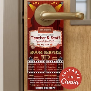 Hollywood Teacher Appreciation Door Hanger Editable Room Service Snack Tag Movie Theme Staff Appreciation Decor Red Carpet Room Service Menu