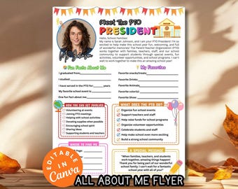 Meet the PTO President All About Me Flyer, Back to School PTO PTA Welcome Letter First Day of School Note, Parent Group Board Sign Template