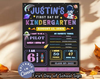 宇宙をテーマにした幼稚園初日の看板、編集可能な宇宙をテーマにした学校初日のチラシ、惑星をテーマにした新学期テンプレート、自己紹介DIY