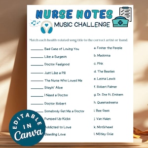 Nurse Music Game Fun Nurse Trivia Music Challenge Nurses Week Printable Game for Medical Professionals Party Games Nurse Retirement Trivia