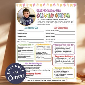 All About Me Autism Boy Template Medical Information Sheet Special Needs Child Info Back to School Teacher Guide  Speech Disorder Therapist
