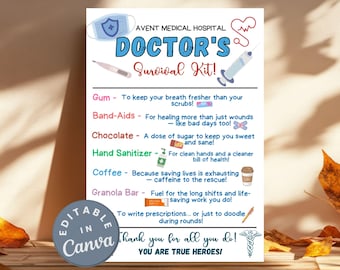 Editable Doctor Survival Kit Gift Tags National Doctors Day, Medical Staff Appreciation, Thank You Gifts, Printable DIY Doctor Gift Card Tag