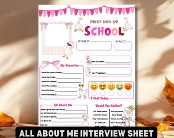 Pink Silly Goose All About Me Interview Sheet Back to School Printable Kids First Day of School Student Questionnaire Favorite Things PDF