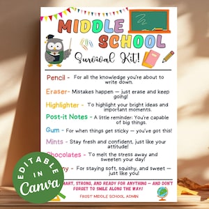 Middle School Survival Kit, Editable Gift Tags for Back to School, Printable Student Survival Kit, Fun First Day Supplies, End of School Kit