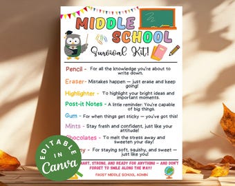 Middle School Survival Kit, Editable Gift Tags for Back to School, Printable Student Survival Kit, Fun First Day Supplies, End of School Kit