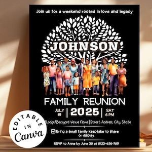 Op de afbeelding: Zwarte familiebijeenkomst uitnodiging met een boomafbeelding en de achternaam "Johnson". De uitnodiging bevat de tekst "Family Reunion" en de datum "19 juli 2025". De uitnodiging is bewerkbaar in Canva.