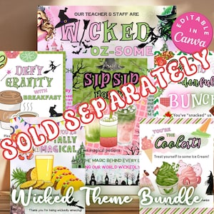 May include: A set of printable signs with a Wicked theme. The signs feature a variety of colors, including pink, green, and black. The signs have text that says "Defy Gravity with Breakfast", "Sip Sip Hooray", "You're the Coolest!" and more. The signs are editable in Canva.