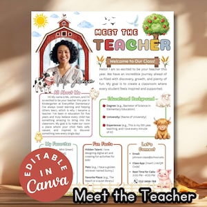 May include: A colorful "Meet the Teacher" poster with a photo of a teacher, Ms. Johnson, and information about her. The poster includes illustrations of a barn, animals, and text boxes with details about her background and favorites.