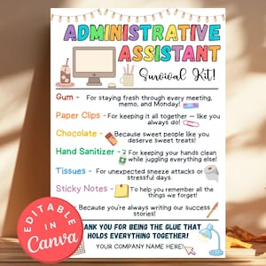 Kit de supervivencia para asistente administrativo. Etiquetas de regalo editables para el Día del Profesional, Día de la Secretaria. Ideas de tarjetas de regalo de agradecimiento al personal administrativo y de RR. HH.