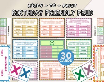 30 Birthday Friendly Feud Game Cards Fun Printable Birthday Trivia for Family and Kids, Perfect for Birthday Party Activities Birthday Feud