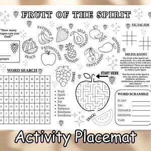 Fruit of the Spirit Activity Placemat Printable Sunday School Kids Bible Activity Sheet Church Christian Coloring Game Kids Bible Worksheet