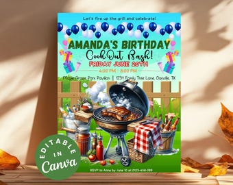 May include: A vibrant invitation for Amanda's birthday cookout, featuring a barbecue grill with a steak, balloons, and gift illustrations. The text reads "Amanda's Birthday Cook Out Bash!" with event details. The invitation is editable in Canva.
