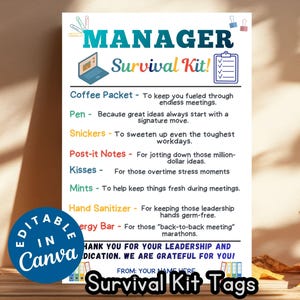 Op de afbeelding: Een Manager Survival Kit-tag met een blauw en blauwgroen ontwerp. De tag bevat een laptop-pictogram, een checklist en een lijst met items zoals koffie, een pen, Snickers, Post-it-briefjes en pepermunt. De tekst "Editable in Canva" is ook aanwezig.