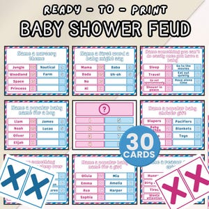 30 Baby Shower Friendly Feud Game Cards Printable Baby Shower Trivia Party Game Gender Reveal Party Icebreaker Fun Gender Pink and Blue Game
