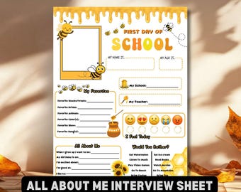 Honey Bee All About Me Interview Sheet Bee Theme Back to School Printable Kids First Day of School Student Questionnaire Favorite Things PDF