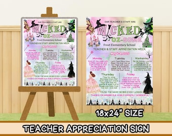 Wicked Signage Teacher Appreciation Week Bewerkbaar reisplan Poster Personeel PTO PTA Evenementschema Wizard Thema Leraren Dagborden Evenementideeën