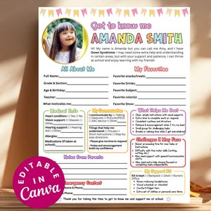 All About Me Special Needs Down Syndrome Kids Information Sheet Student Introduction Medical Info for School Therapist Special Ed Teachers