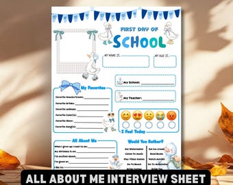 Blue Silly Goose All About Me Interview Sheet Back to School Printable Kids First Day of School Student Questionnaire Favorite Things PDF