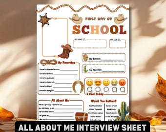 Western All About Me Interview Sheet Cowboy Theme Back to School Printable Kids First Day of School Student Questionnaire Favorite Thing PDF