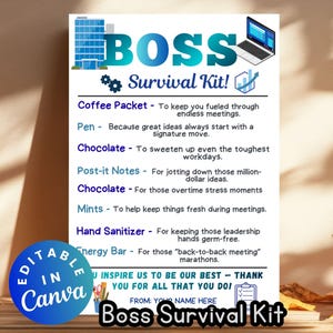Op de afbeelding: Een Boss Survival Kit print met een blauw en wit ontwerp. De kit bevat koffie, een pen, chocolade, Post-it notes, pepermunt, handgel en een energiereep. De tekst "Boss Survival Kit" staat onderaan.