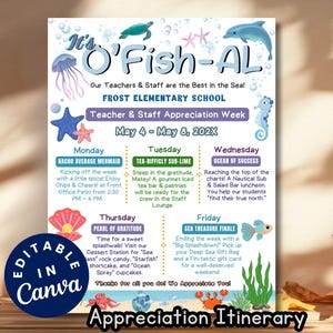 Under the Sea Teacher Appreciation Week Itinerary Flyer Editable Ocean Theme Staff Poster O-fish-ally Employee Week Party Beach Schedule DIY