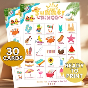 30 Summer Bingo Cards Printable Bingo Cards for Kids Fun Summer Activity Vacation Game, Beach Party Bingo Summer Travel  Birthday Party Game