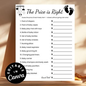 The Price is Right Baby Shower Editable Game Template, Instant Printable Fun Games for Baby Showers Guess the Price Printable Game Sheet DIY
