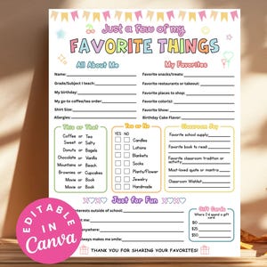 Just a Few of My Favorite Things Survey, All About Me Questionnaire, Teacher Appreciation, Get to Know You, Favorite Things Questionnaire