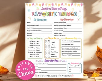 Just a Few of My Favorite Things Survey, All About Me Questionnaire, Teacher Appreciation Week Get to Know You Favorite Things Questionnaire