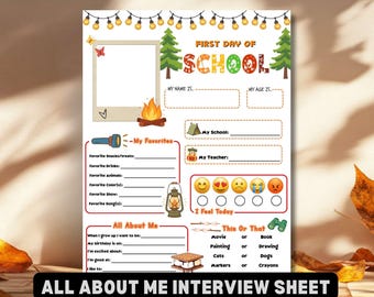 Camp Theme All About Me Interview Sheet Back to School Printable Kids First Day of School Camping Student Questionnaire Favorite Things PDF