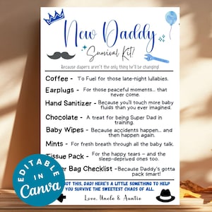 New Daddy Survival Kit Tags zum Ausdrucken, lustiges Geschenk für neuen Vater, Babypartygeschenk, einzigartige Geschenkanhänger, Neuheitsgeschenk, zum ersten Mal Vater