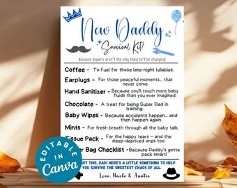 Utskrivbara etiketter för överlevnadskit för nybliven pappa, rolig present till blivande pappa, babyshowerpresent, unika presentetiketter för pappa, nyhetspresent, förstagångspappa