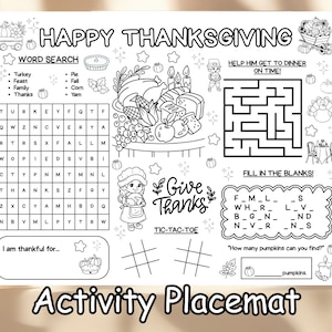 Kids Thanksgiving Activity Placemat Friendsgiving kids activity sheet Table Mat Thanksgiving Coloring Games Sunday School Activity Craft DIY