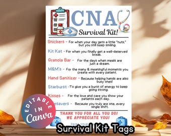 CNA Survival Kit Tags Nurse Appreciation Week Gift Tags Printable Medical Staff Treat Bags Certified Nursing Assistant Gift Favor Tags Canva