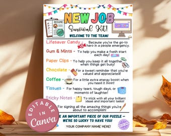 Etiquetas para el kit de supervivencia para un nuevo empleo, obsequio de bienvenida para empleados, elementos esenciales para el primer empleo, apoyo para el cambio de carrera, kit de agradecimiento para el trabajo soñado, ideas para nuevos empleados
