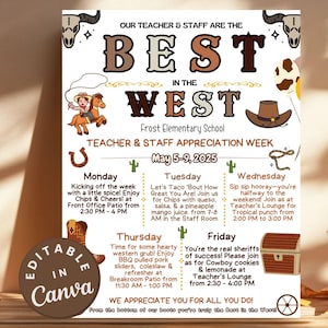 Western Teacher Appreciation Week Editable Itinerary, Printable Schedule of Events Staff Appreciation Gifts, Western Cowboy Theme Poster PTO