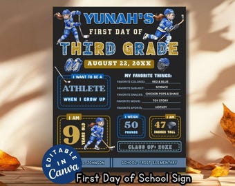 Hockey Theme First Day of School Sign, Editable Sports Last Day of Third Grade Flyer Hockey Photo Prop Back to School All About Me DIY