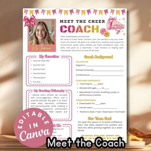 May include: A printable Meet the Cheer Coach flyer template featuring a pink and yellow color scheme, a photo placeholder, sections for favorites, coaching philosophy, background, and team goals, with decorative pennants and a megaphone graphic.