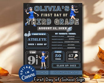 Badminton Theme First Day of School Sign, Editable Sports Last Day of Third Grade Flyer Badminton Photo Prop Back to School All About Me DIY