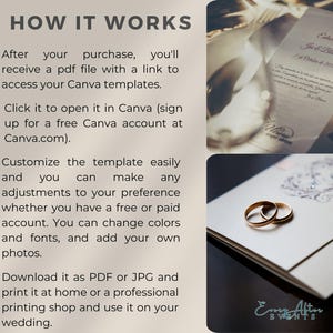 May include: A checklist of steps on how to use Canva templates for wedding invitations. The steps include purchasing a PDF file with a link to Canva templates, opening the template in Canva, customizing the template, and downloading the template as a PDF or JPG file.